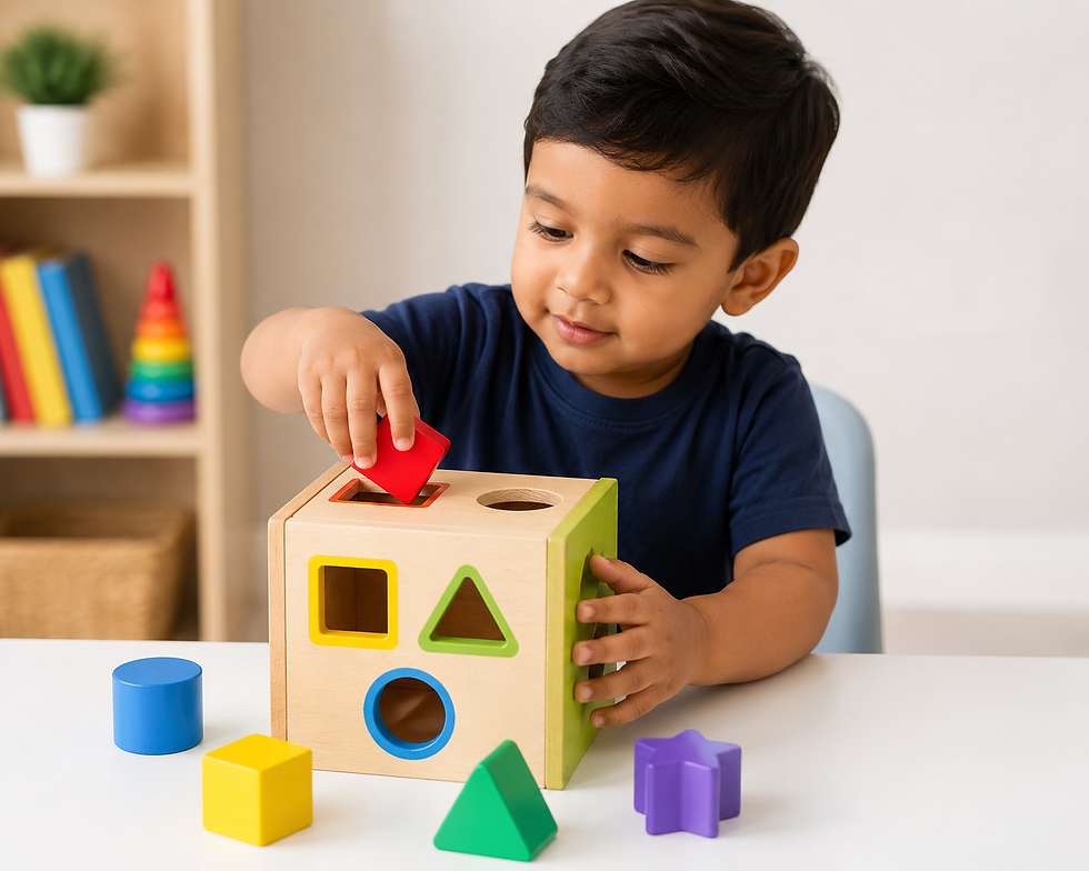 Child in a navy shirt plays with a shape sorter, fitting a red piece. Colorful toys in the background. Calm and focused mood.