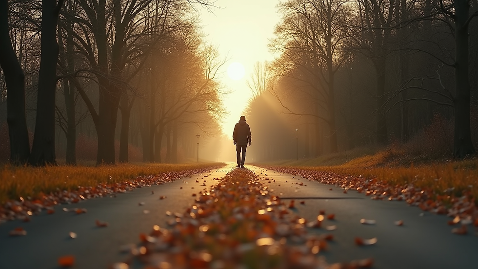 Silhouetted person walking down a tree-lined path at sunrise, surrounded by fallen leaves. Warm, serene autumn ambiance.