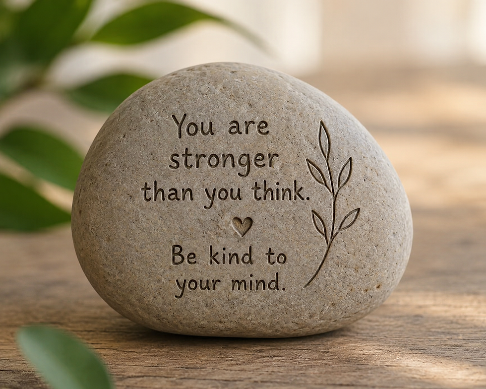 Engraved stone on a wooden table with leaves, reads You are stronger than you think. Be kind to your mind.