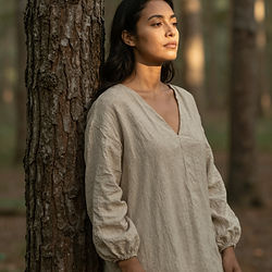 Woman leaning against a tree with eyes closed, enjoying a peaceful moment in nature.