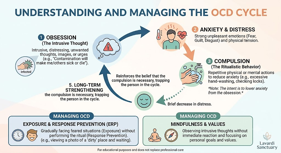 An infographic titled "Understanding and Managing the OCD Cycle" by Lavardi Sanctuary, illustrating a loop where an obsession (intrusive thought) leads to anxiety and distress, triggering a compulsion (ritualistic behavior) that brings temporary relief but results in long-term strengthening of the cycle. The diagram highlights management strategies at the bottom, including Exposure & Response Prevention (ERP) and Mindfulness & Values.