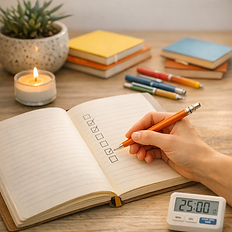 Hand checking tasks in notebook, 25 minute timer, books, candle