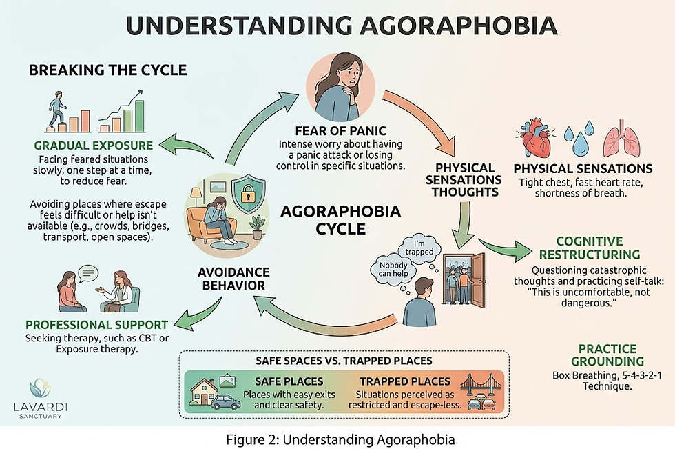 An infographic titled "Understanding Agoraphobia" by Lavardi Sanctuary, illustrating a cycle where a fear of panic (intense worry about having a panic attack) triggers physical sensations like a tight chest or fast heart rate, leading to catastrophic thoughts and avoidance behavior (avoiding places where escape feels difficult). The diagram includes callout boxes for breaking the cycle, highlighting gradual exposure, cognitive restructuring, professional support and grounding techniques.