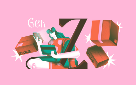 Editorial illustration by Anat Pri-tal (ענת פרי-טל). A figure sits between the words "Gen Z" and holds a mobile phone and a credit card, surrounded by flying packages.