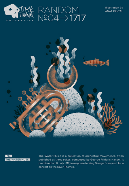 Illustration from 1717 for “The Water Music”, showing a trumpet underwater surrounded by a fish, rocks, and coral.