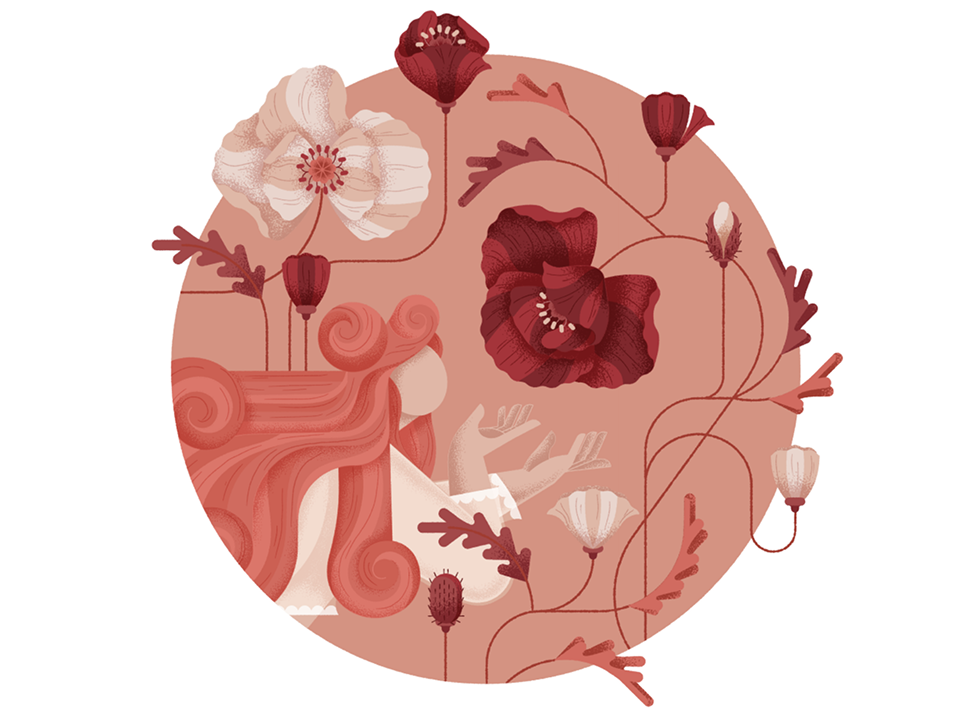 Illustration of a woman smelling poppy flowers inside a circle