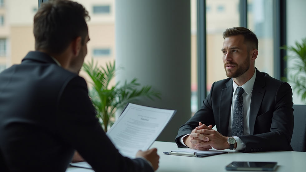 High angle view of a job interview setting with a veteran candidate