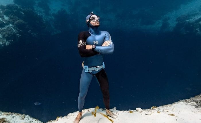 Vitomir Maričić floating in calm water during his record-setting static apnea breath-hold attempt.