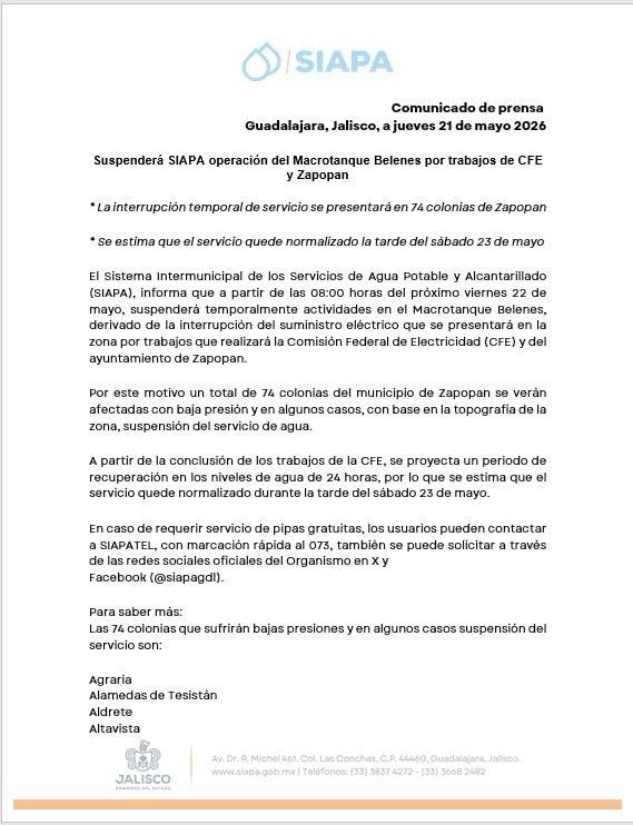 El SIAPA suspenderá operación del Macrotanque Belenes; afectará a 74 colonias de Zapopan
