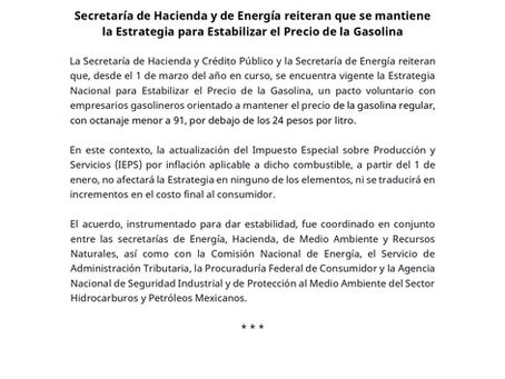 Hacienda y Energía confirman: Precio de la gasolina se mantendrá estable en 2026