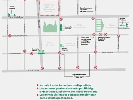 Cierres viales en el Centro de Guadalajara por festejos del 15 de septiembre