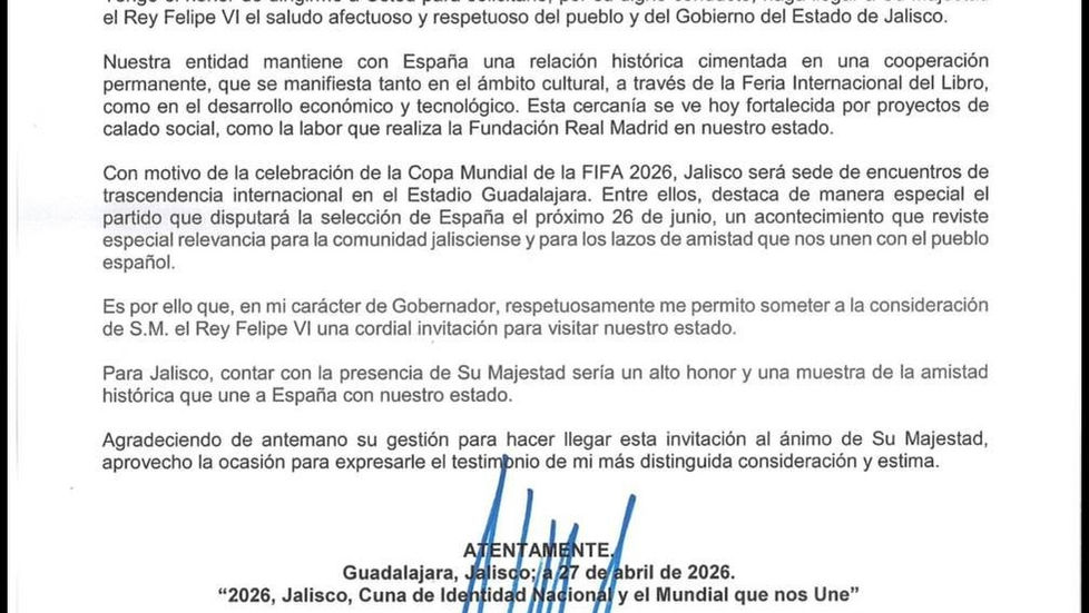 Gobernador de Jalisco invita formalmente al Rey Felipe VI de España al partido contra Uruguay en Guadalajara