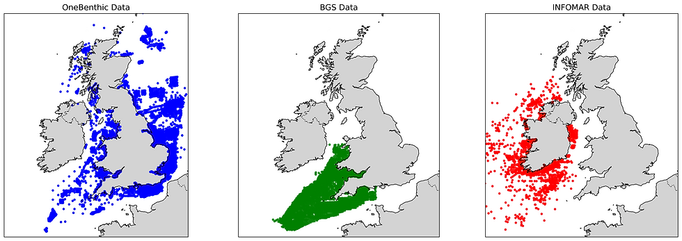 Figure 1: Distribution of over 33,000 benthic grab samples from OneBenthic dataset across UK waters.