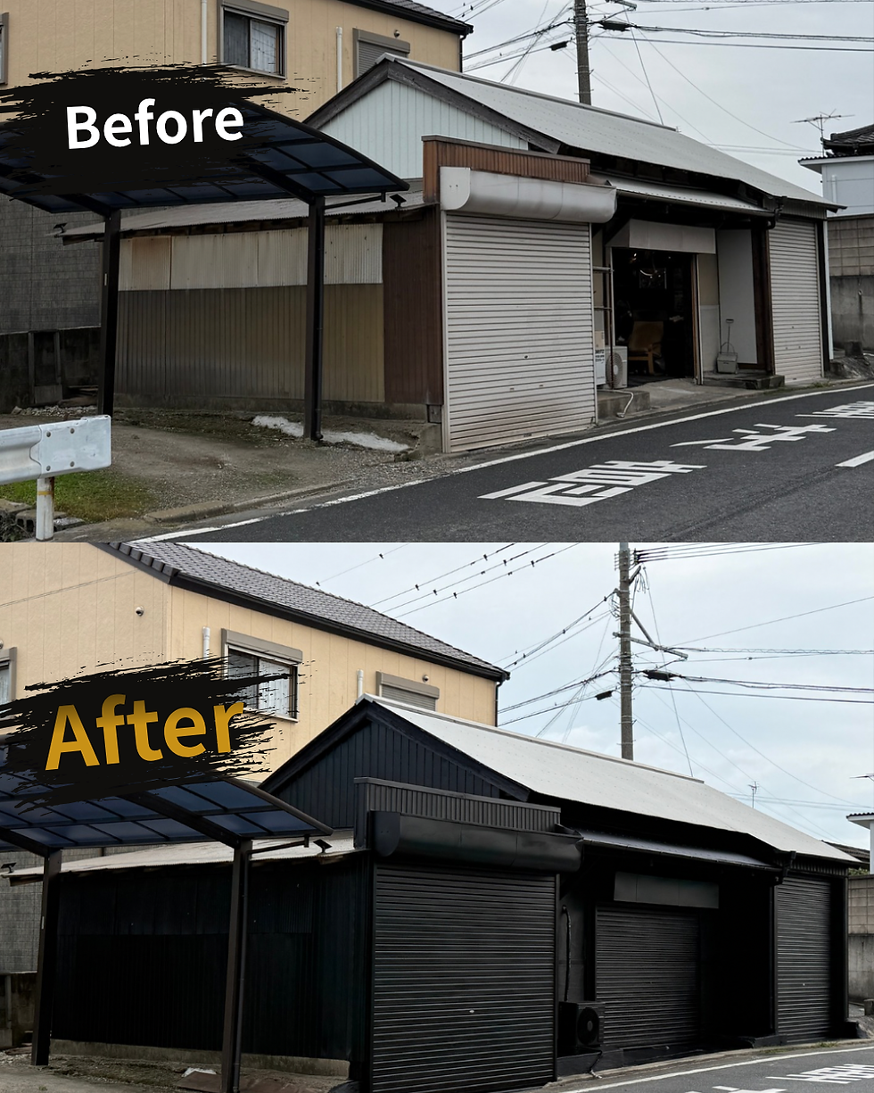 北九州市八幡西区のタイヤガレージ塗装工事。別角度から撮影した施工前とブラック塗装完了後の比較写真。