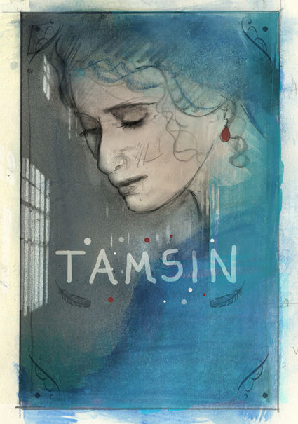A pensive woman with closed eyes and a red earring, set against a blue background. Text reads "TAMSIN" with decorative dots and feathers.