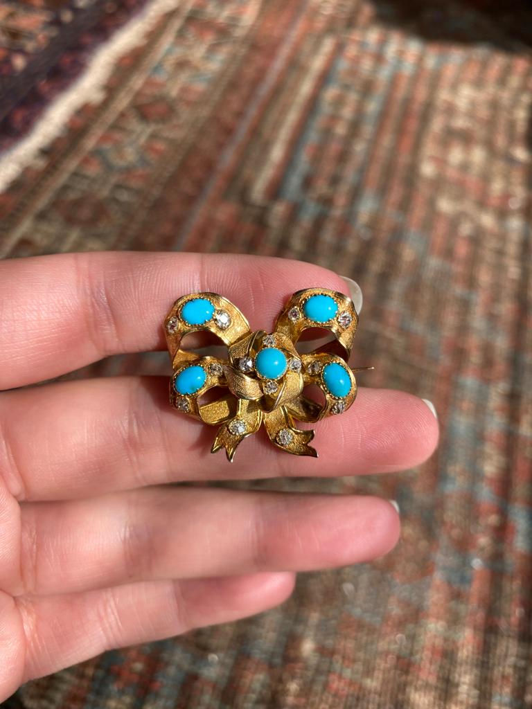 Thumbnail: 1850s Turquoise & Diamond Bow Brooch