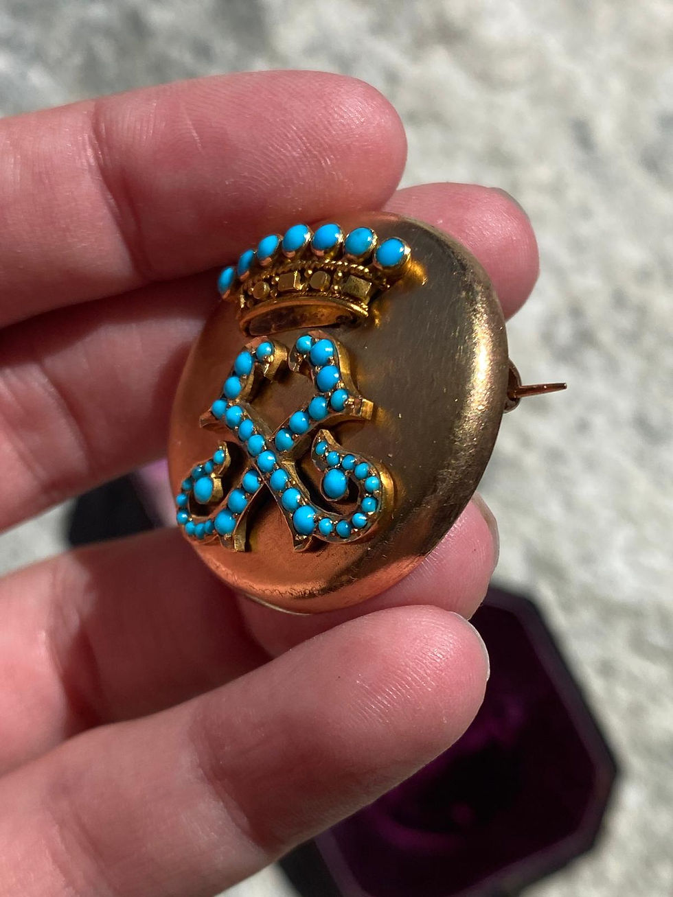 Thumbnail: Round Gold Locket With Turquoise Initials & Crown