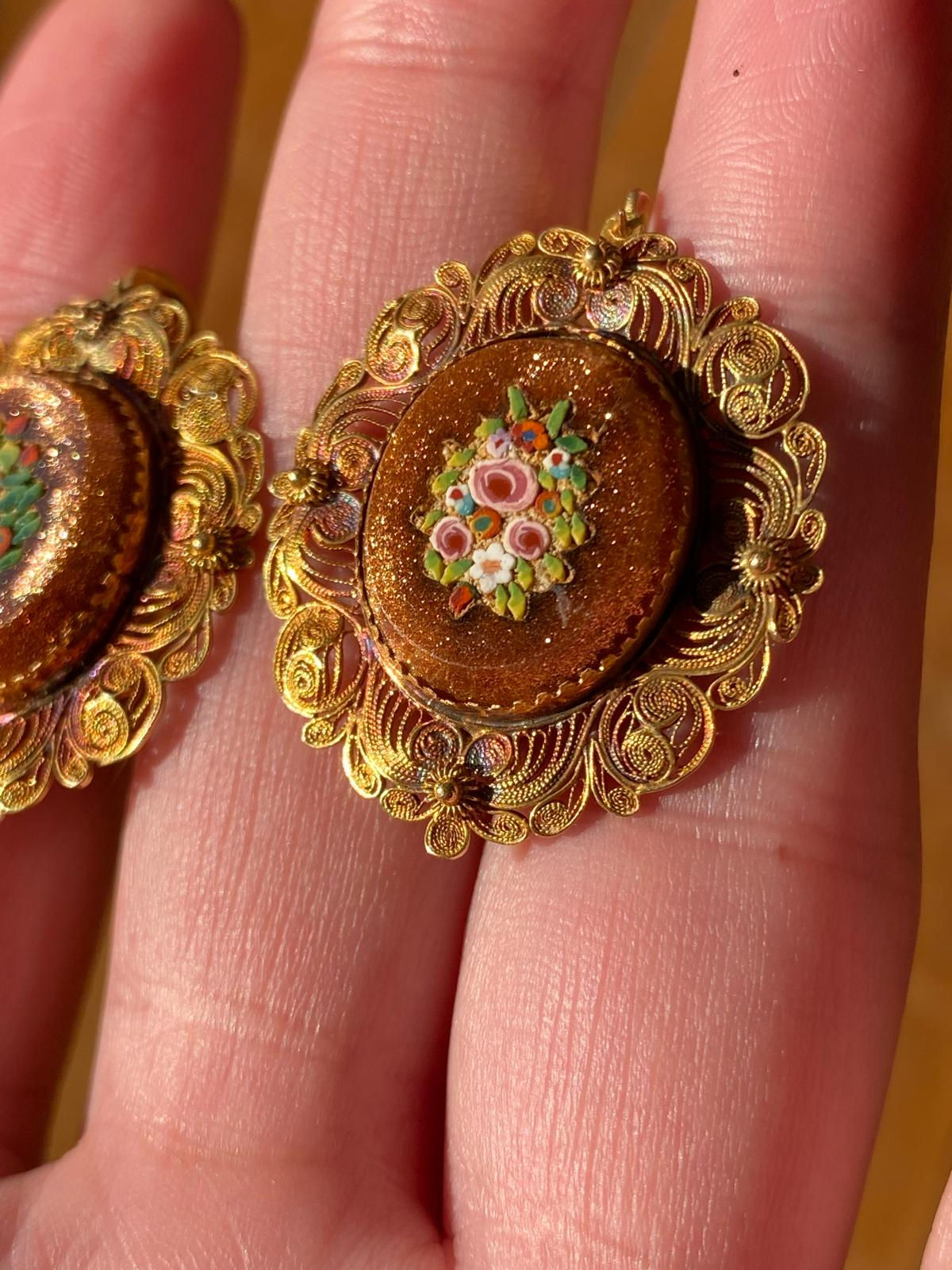 Large Goldstone Floral Mosaic Earrings With Gold Filigree