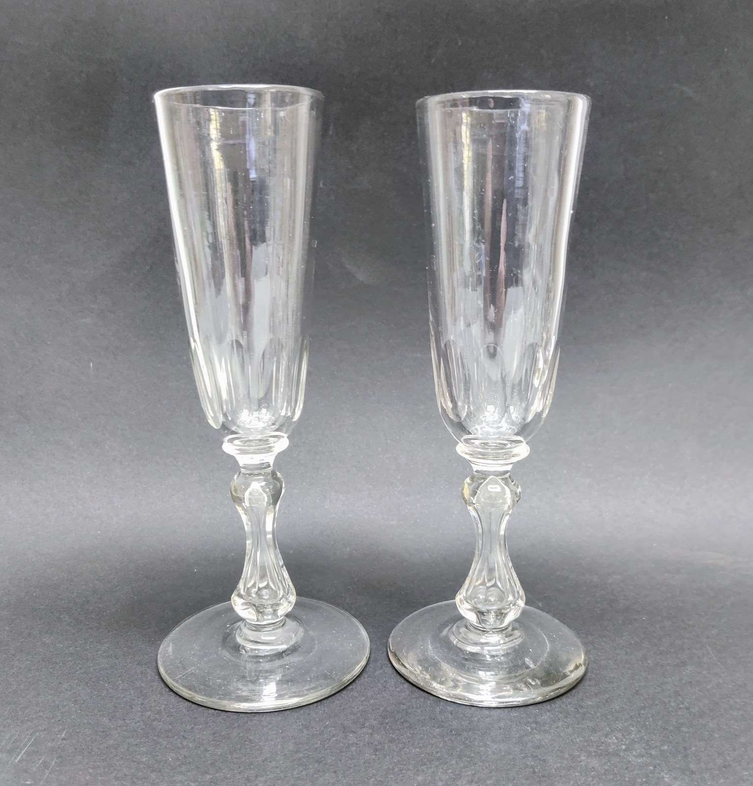 Pair Of French Cut Glass Hollow Stem Champagne Flutes