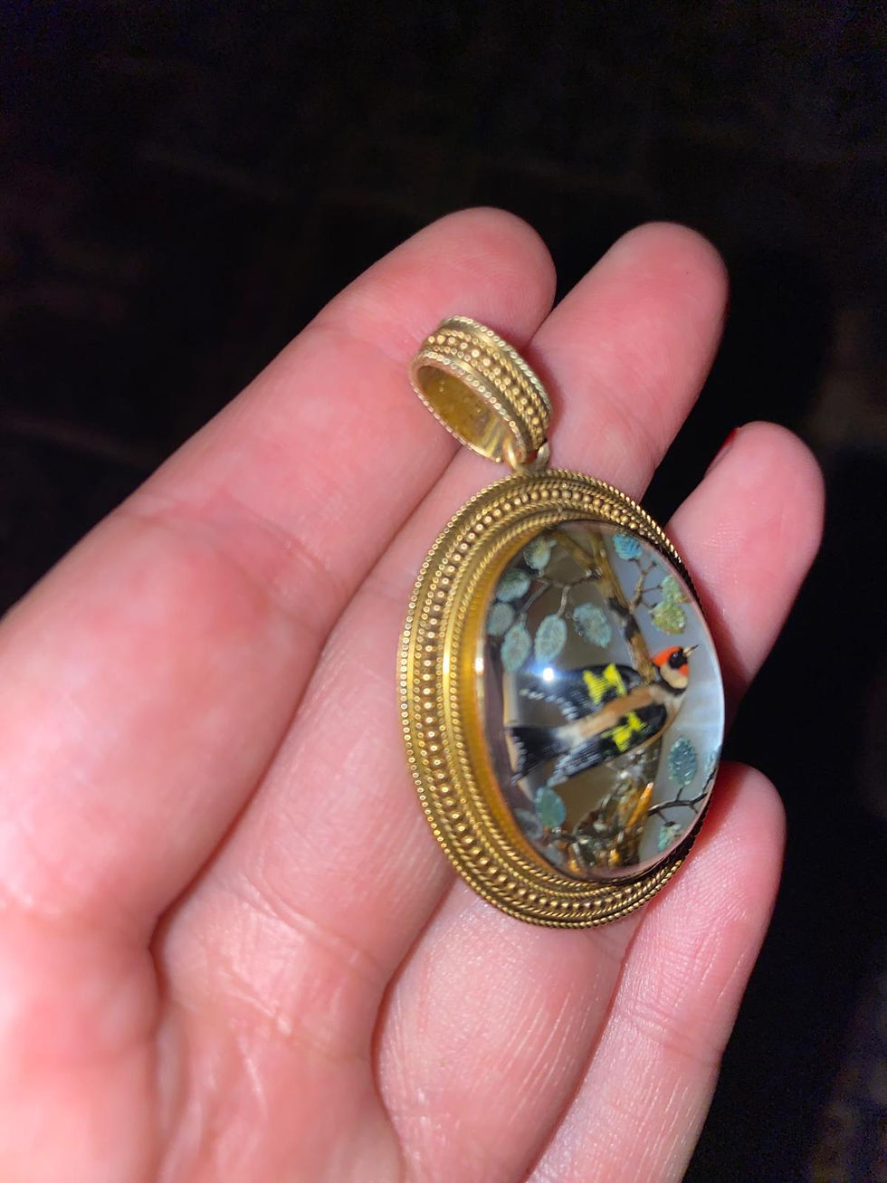 Thumbnail: Essex Crystal Of Song Bird In Tree Pendant In Etruscan Revival Frame