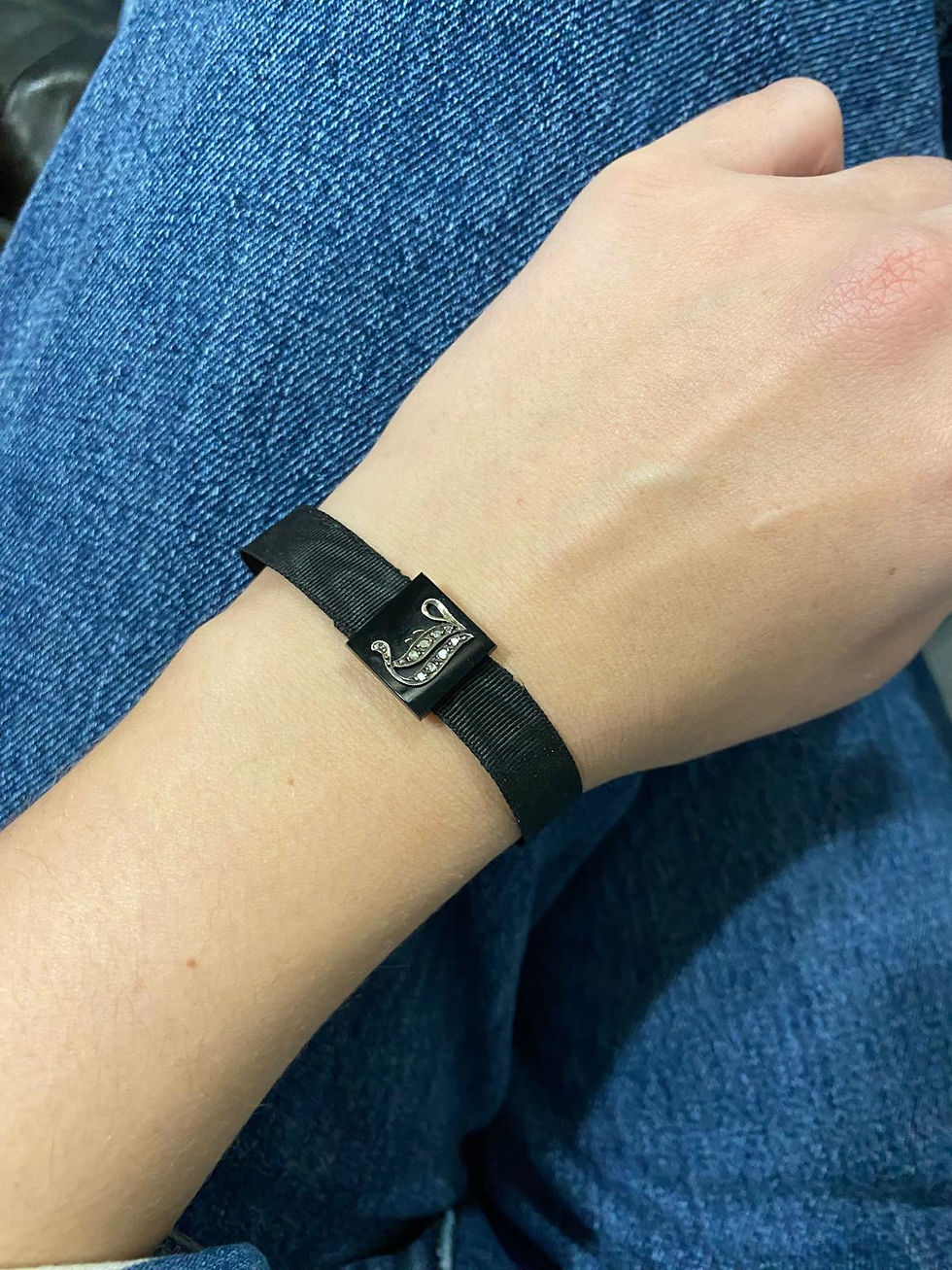 Thumbnail: Art Deco Black Grosgrain Ribbon With Rose Cut Diamond Gothic Alphabet "I' On Ony