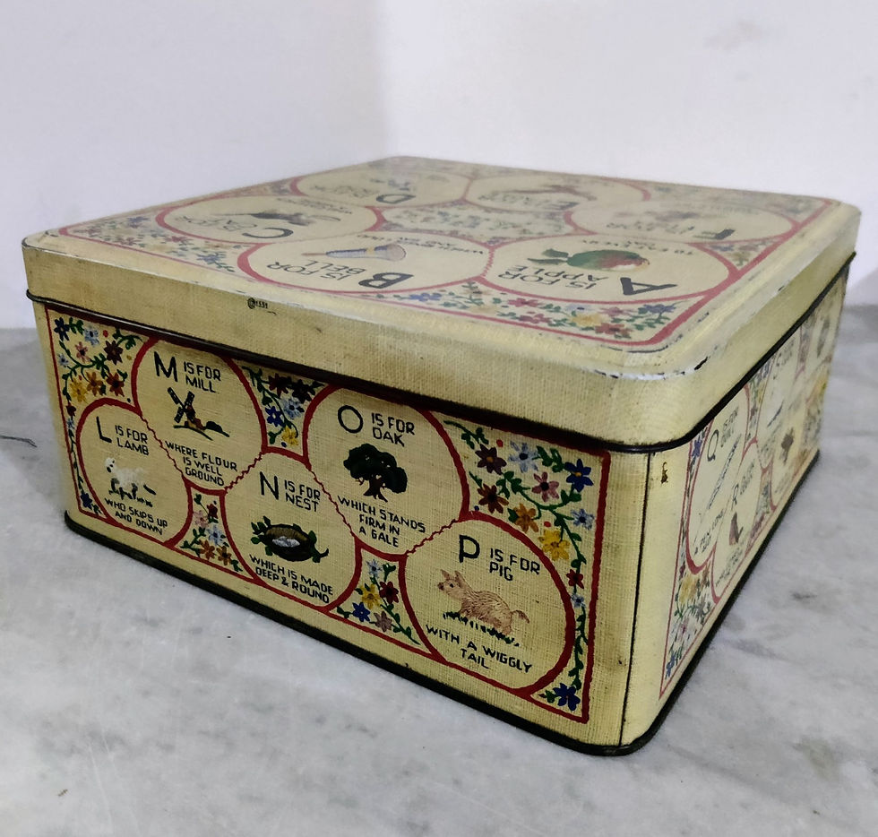 Thumbnail: Charming Alphabet Tin, representing early 20th century cross stitch embroidery M