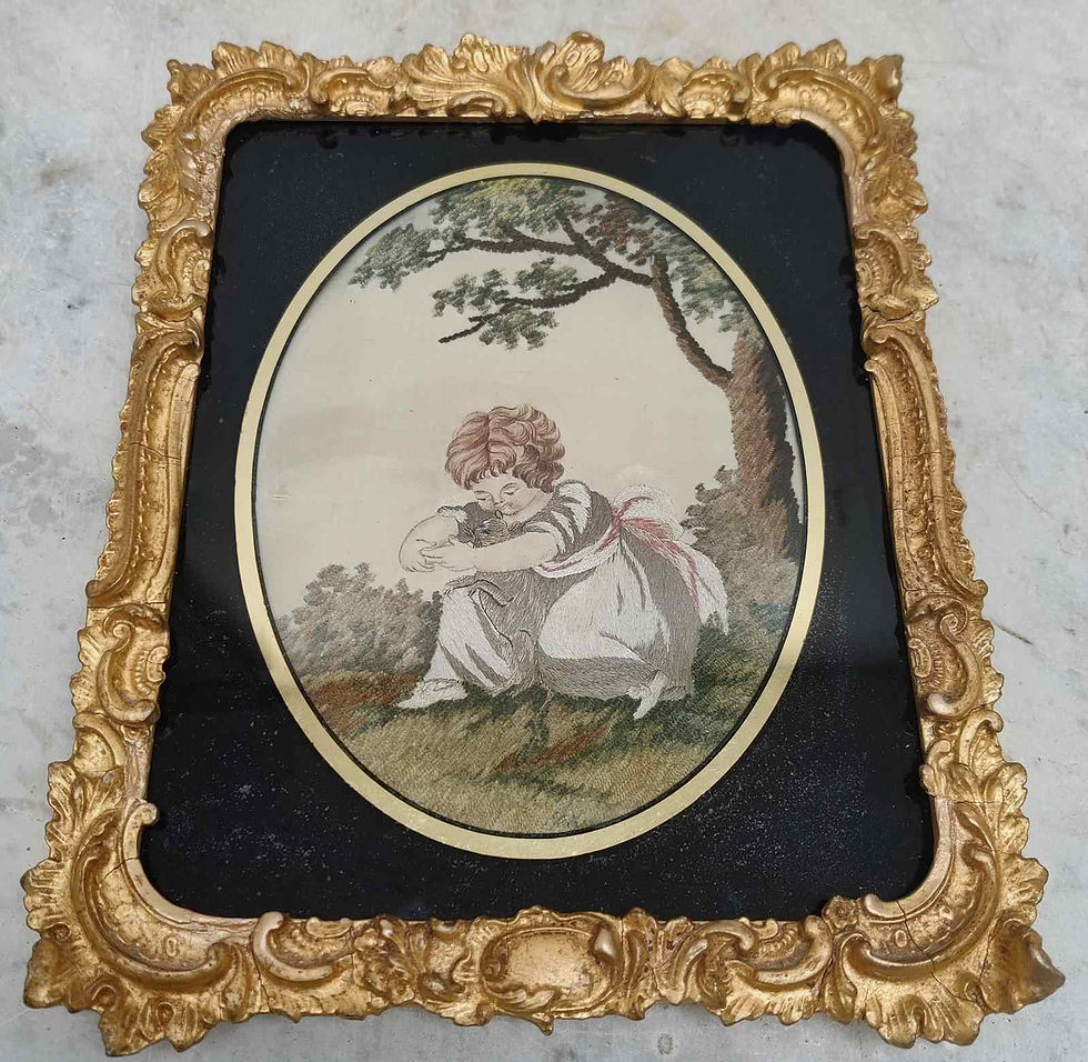 Thumbnail: Regency Silkwork Of A Little Girl And Her Kitten
