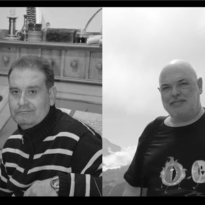 Two men in separate black-and-white photos. Left: man in a striped sweater, with a wooden desk behind him. Right: man in a graphic tee, with cloudy mountain backdrop. Calm expressions.