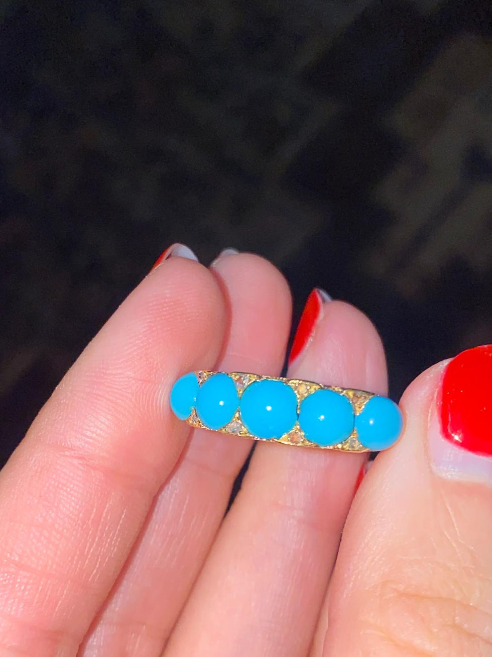 Thumbnail: Large 5 Stone Turquoise Ring With Tiny Rose Cut Diamonds