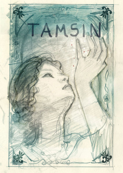 Woman gazes upward with raised hand in a sketched, ornate frame. "TAMSIN" text above, with teal hues and floral accents. Dreamy mood.