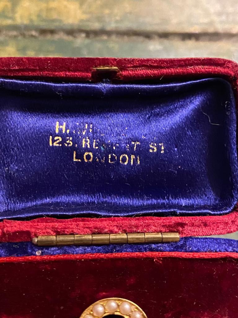 Thumbnail: Pearl Horseshoe & Blue & Red Enamel Bar Brooch In Cool Matching Velvet Box