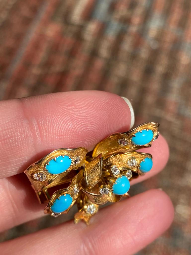 Thumbnail: 1850s Turquoise & Diamond Bow Brooch