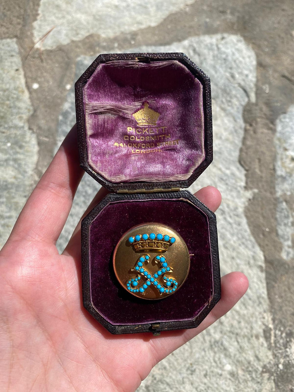 Thumbnail: Round Gold Locket With Turquoise Initials & Crown