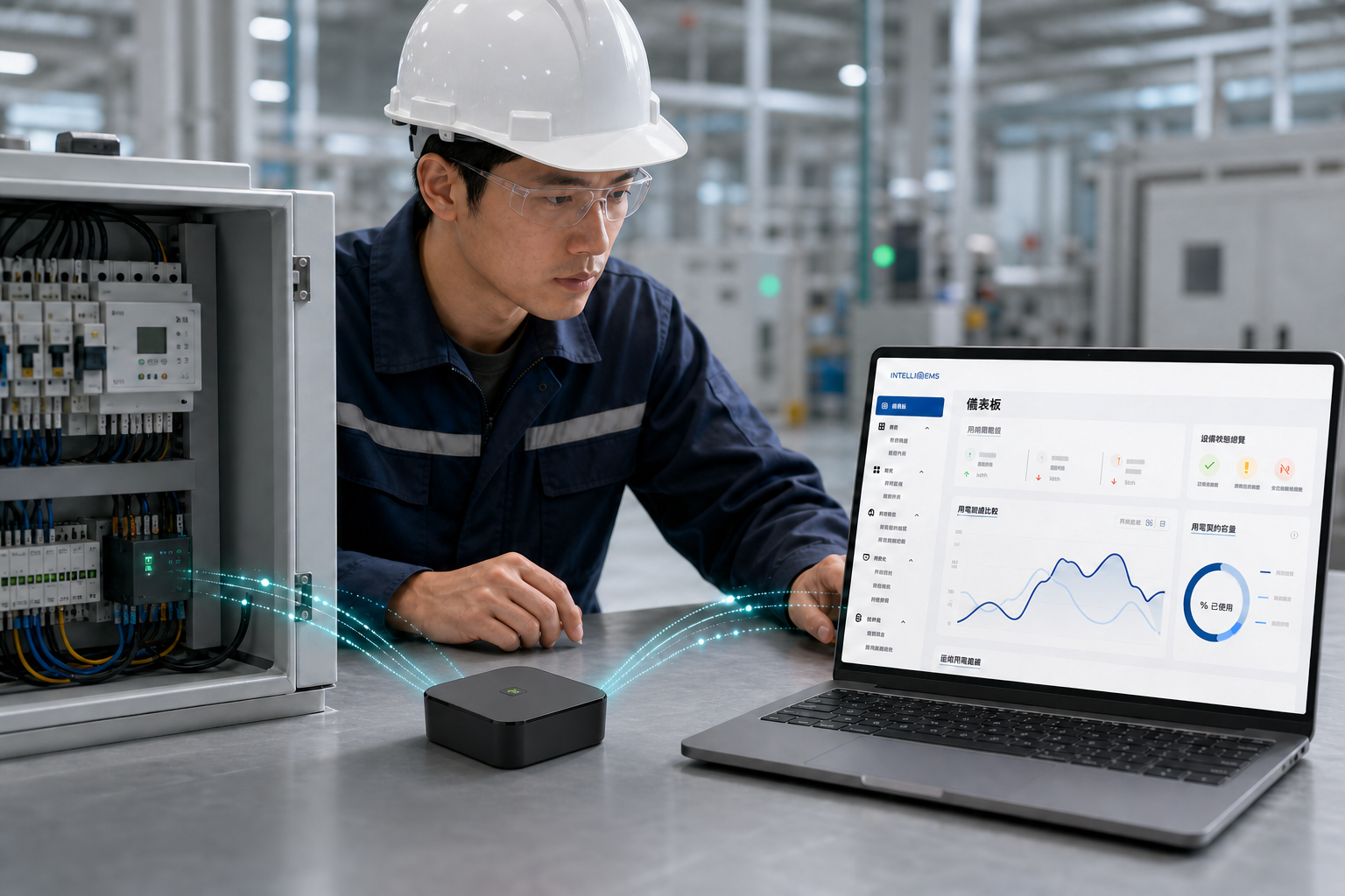工程師透過 IntelliEMS Gateway 與能源管理儀表板驗證現場用電數據