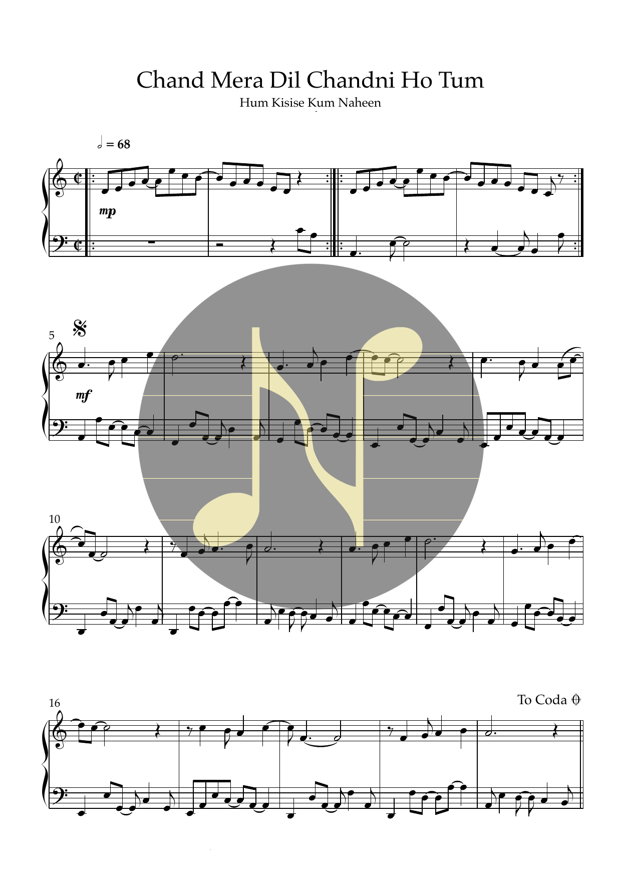 Chand Mera Dil Chandni Ho Tum | Piano Sheet Music