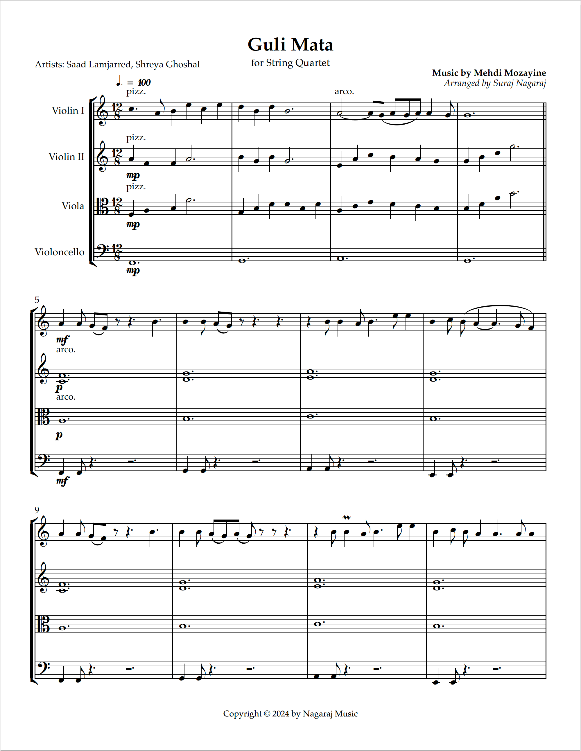 Guli Mata - String Quartet (Sheet Music)
