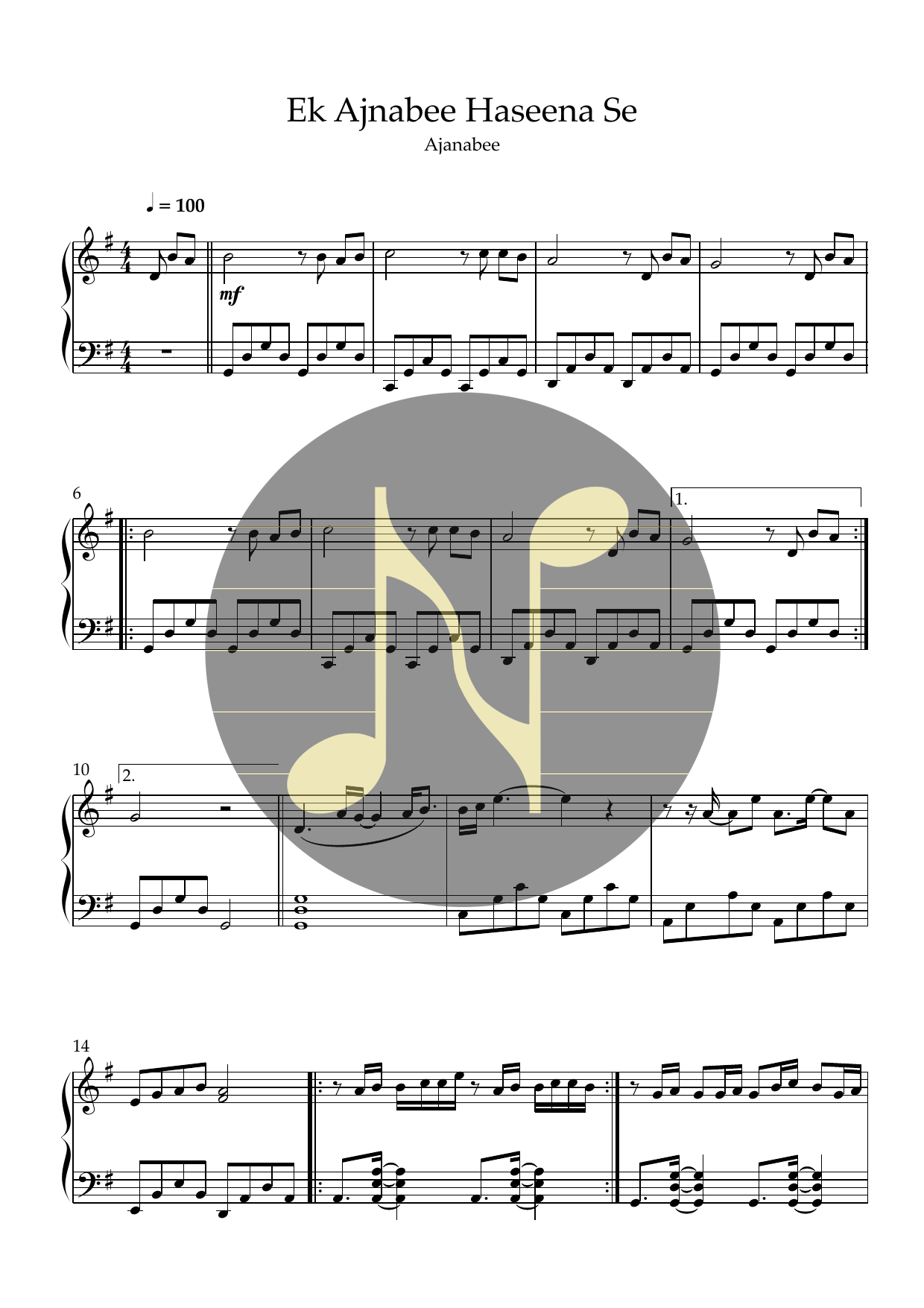 Ek Ajnabee Haseena Se | Piano Sheet Music