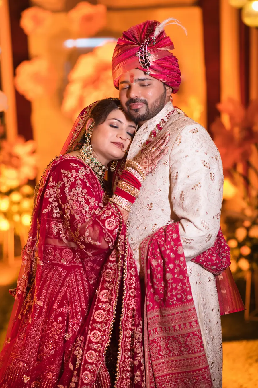 destination wedding couple portrait in Uttarakhand during evening ceremony with traditional outfits