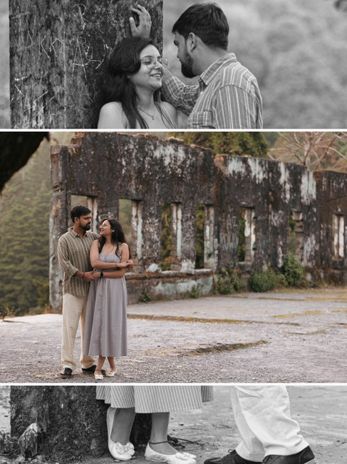 Black-and-white and color collage of couple hugging and posing near forest pillars.