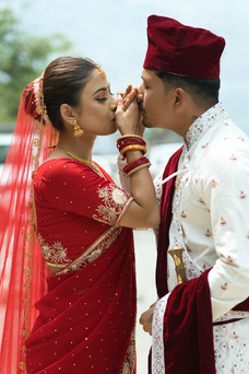 Candid moment of Nepali bride and groom during their Ukhimath wedding ceremony