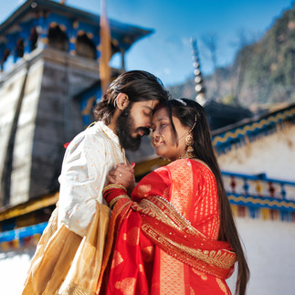 Wedding couple at Triyuginarayan Temple sacred Hindu marriage site in Uttarakhand