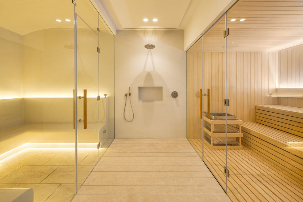 a bathroom with a shower and a sauna behind glass doors