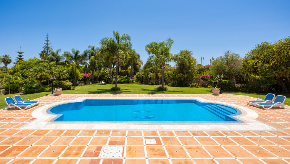 Refreshing swimming pool surrounded by mature trees