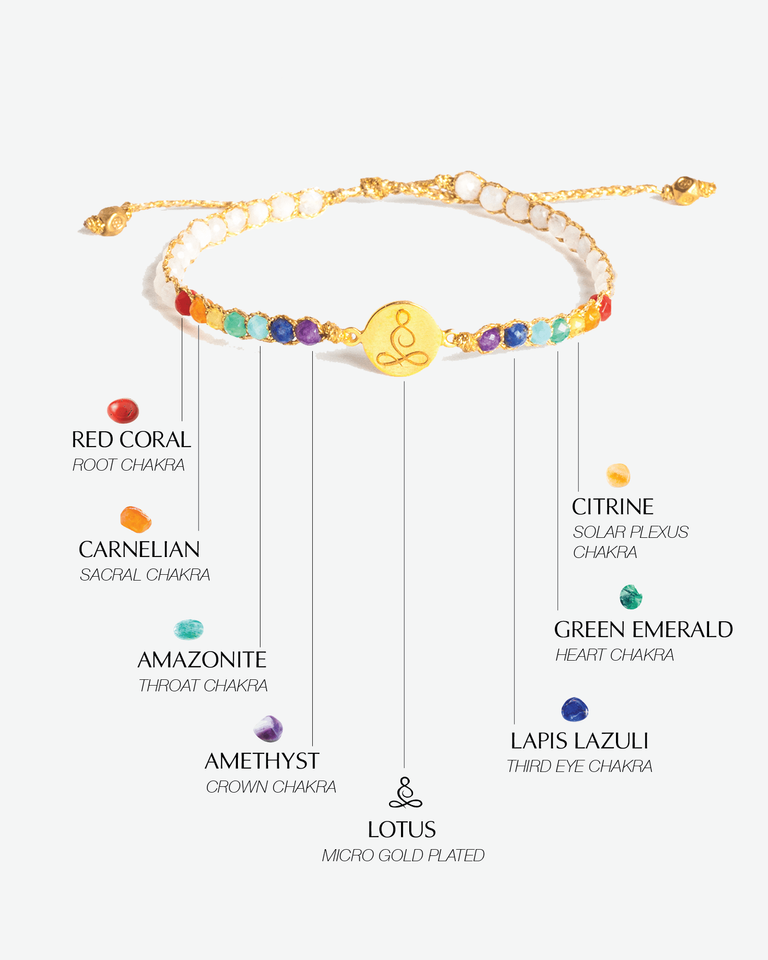 Colorful chakra bracelet with gold lotus charm and Moko plating.