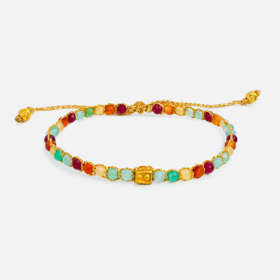 Colorful beaded bracelet with a gold square bead and braided string.