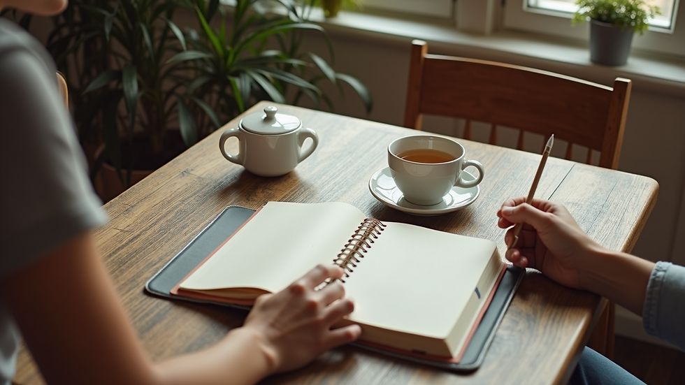 High angle view of a cozy coaching session setup with notebooks and tea