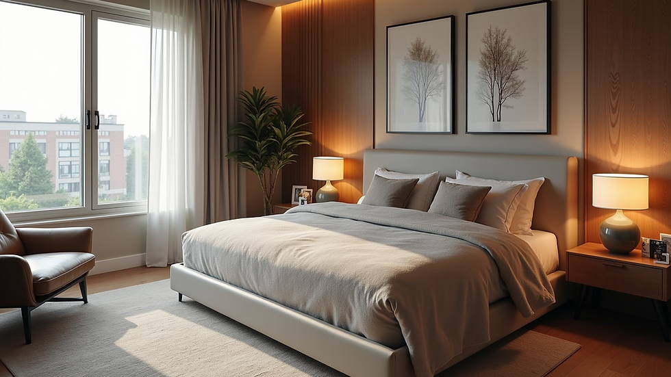 High angle view of stylish bedroom with upholstered bed and modern decor