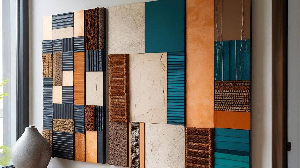 Abstract geometric wall art in teal, orange, beige and brown panels beside a gray vase on a windowsill.