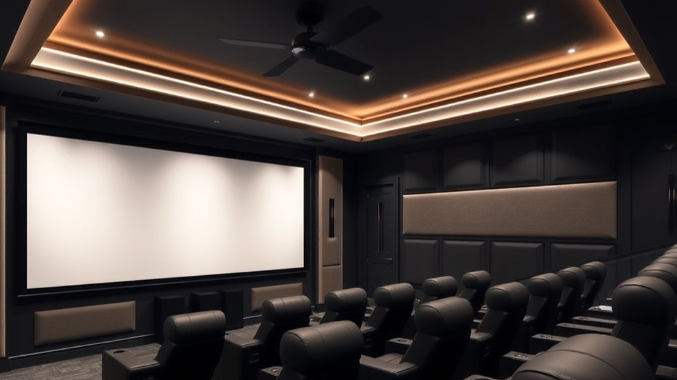 Smart features for home theaters including automated lighting, voice control, smart screens, and connected entertainment systems