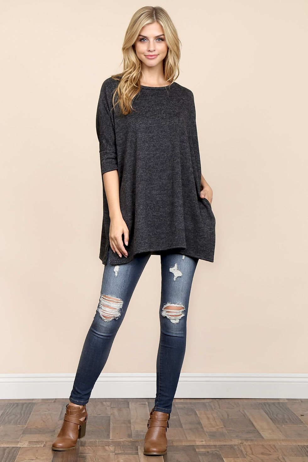 Thumbnail: Two Tone Hacci Oversized Dropped Shoulder Pocket Tunic